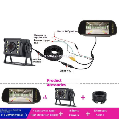 7-inch car monitor and reversing display with camera and video cable, TFT screen, ABS housing, desktop or rearview mirror fitting.