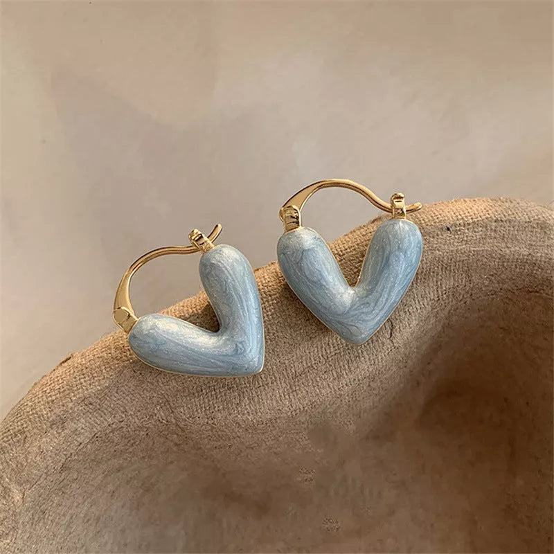 Heart-shaped alloy drop earrings with electroplating in white, pink, blue, and gold