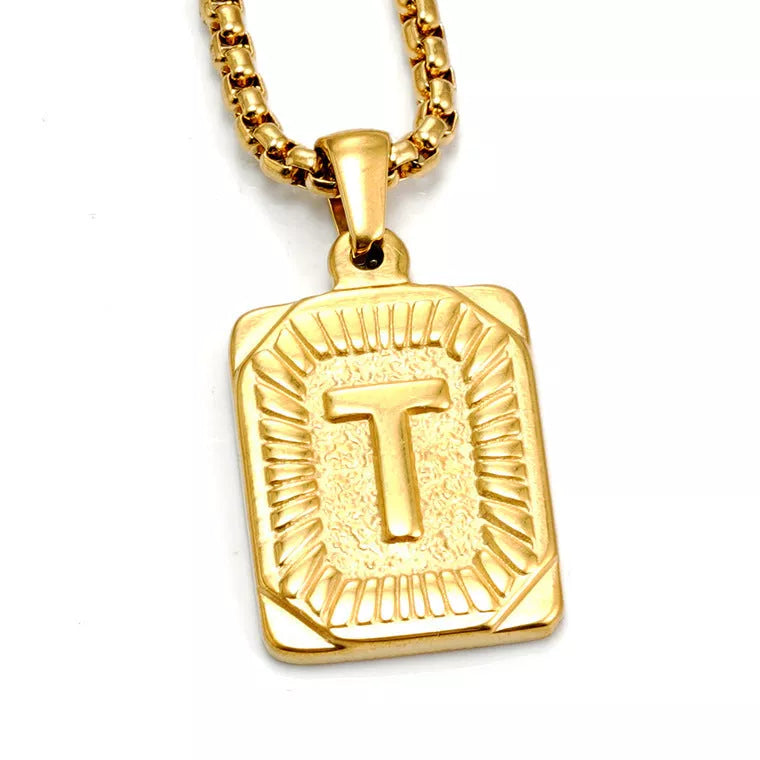 Men's gold-plated titanium steel letter necklace with pearl chain, customizable pendant