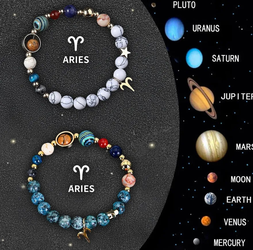 Twelve Zodiac Sign beaded bracelet set with natural stone beads and silver charms on adjustable chain