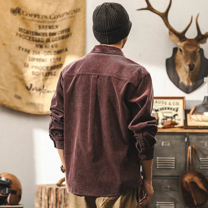 Men's red corduroy shirt jacket with loose fit and long sleeves