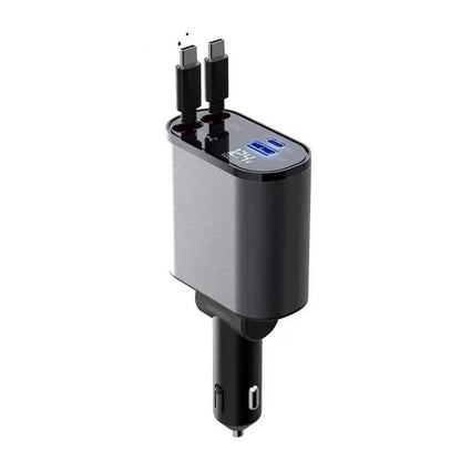 A sleek, metal 100W car charger with USB and Type-C ports for fast charging on the go