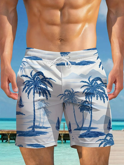 Men's micro-elastic quick-drying swimming trunks in polyester fabric showing colour and fit details