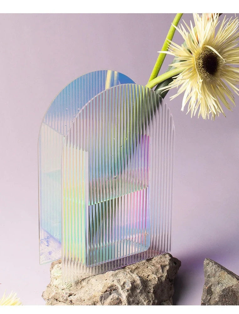 Nordic minimalist acrylic vase with polished corrugated surface, 20cm height