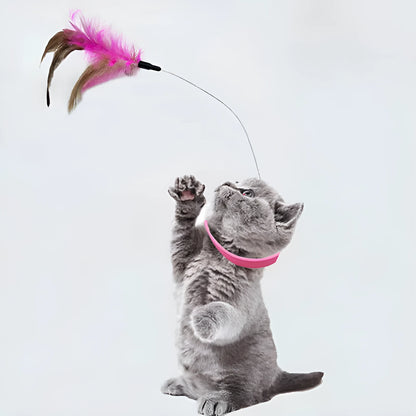 Blue adjustable cat collar toy with silicone teasing wand and feather teaser attachment for interactive play