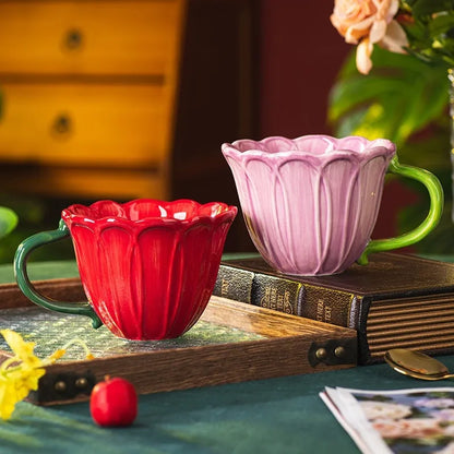 Ceramic breakfast cup with floral pastoral design holding 500ml capacity for tea or coffee