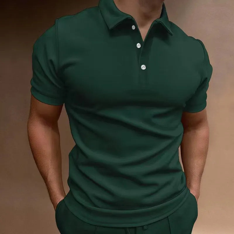 Men's grey loose-fit cotton blend t-shirt with a button detail and short sleeves.