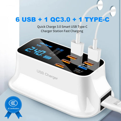 Ceramic white multi-USB fast charger with digital display showing charging voltage and current