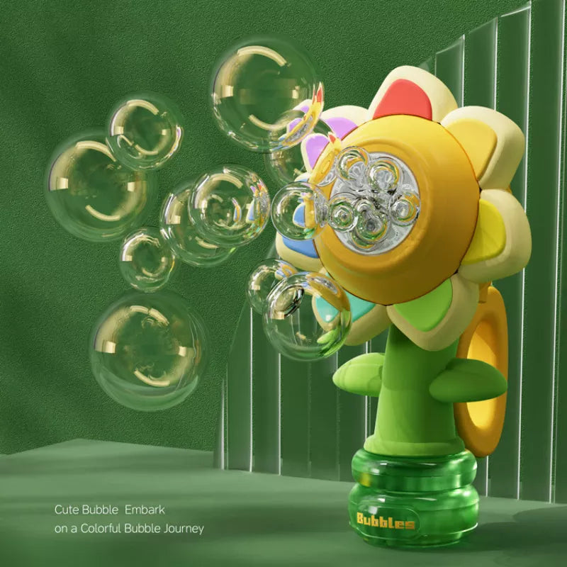 Dancing Sunflower Bubble Machine with light creating colorful bubbles outdoors
