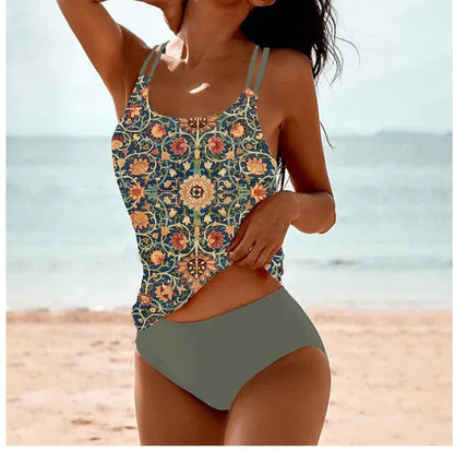 Vintage printed conservative swimwear with high waist briefs in black, gold, grey green or pink colours