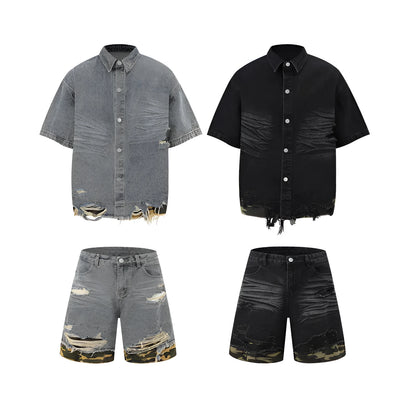 Men's black denim short sleeve suit with leopard print and cut edge stitching, paired with matching shorts.