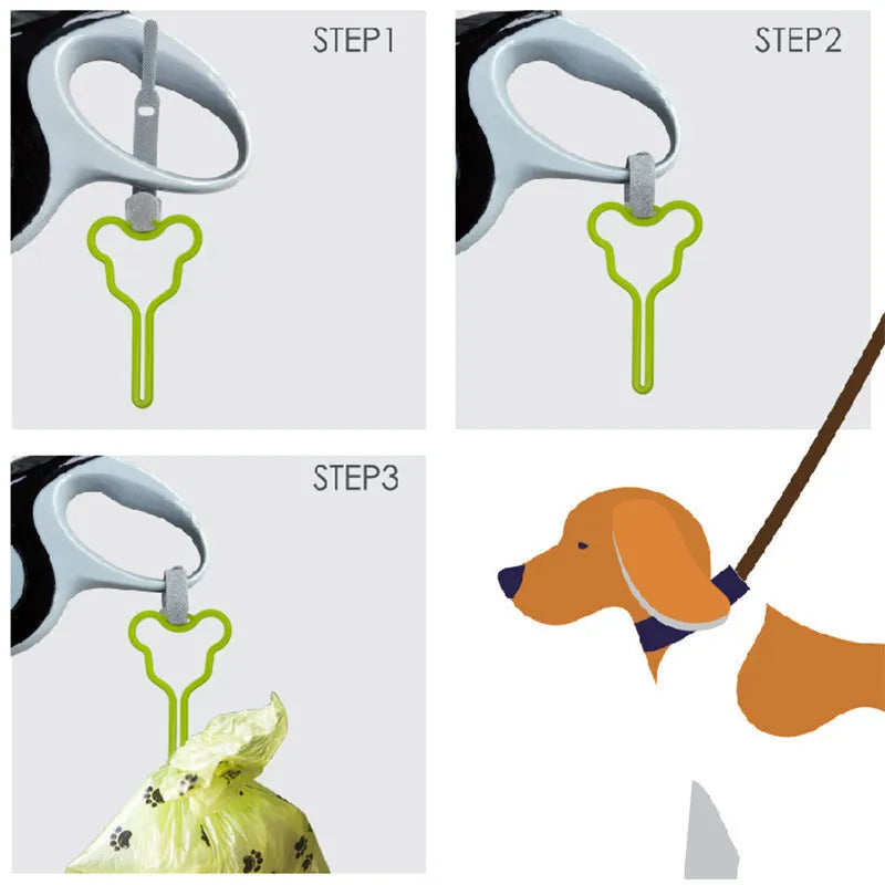 A dog poop bag dispenser with a hands-free clip and adjustable Velcro strap attached to a dog lead.