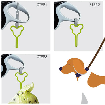 A dog poop bag dispenser with a hands-free clip and adjustable Velcro strap attached to a dog lead.