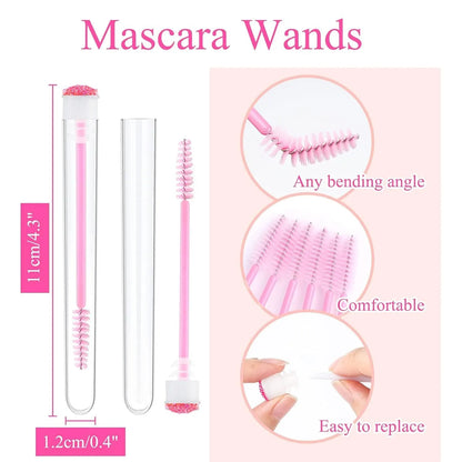 Disposable eyelash brushes in plastic storage tubes with spiral brush heads in four colours