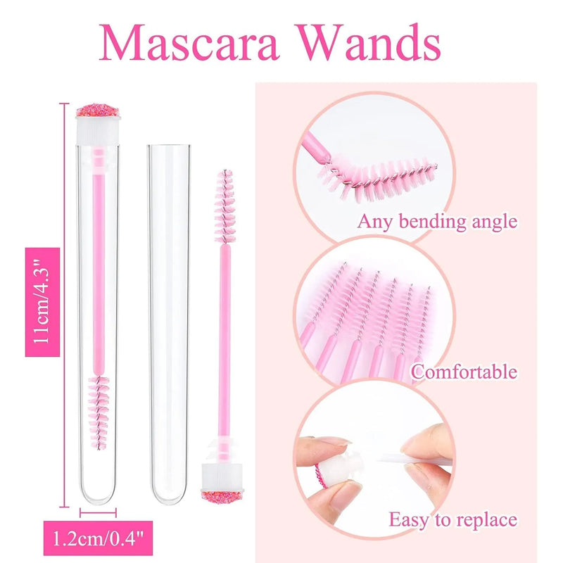 Disposable Eyelash and Mascara Brushes set with plastic storage tubes - 10 to 50 pieces of diamond spoolie wands for makeup application, eyelash extension maintenance and cleaning in blue, green, pink or purple colours