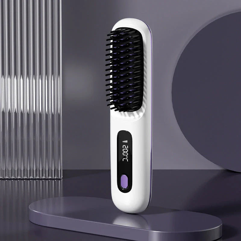 Wireless Hair Straightener Brush with fast heating, portable design, and USB charging