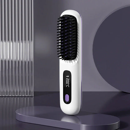 Wireless Hair Straightener Brush with fast heating, portable design, and USB charging