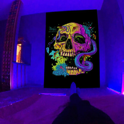 Fluorescent tapestry with psychedelic mushroom pattern glowing under UV light, measuring 150x130cm