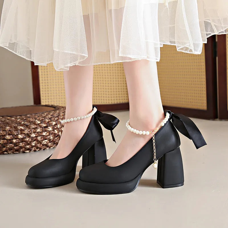 Women's Mary Jane Shoes with Chunky Heel and Ankle Strap, Round-Toe Preppy Casual Flats with Pearl Buckle Detail in Beige, Black, or Milk Tea Colour, Sizes UK 34 to 43, PU Upper and Rubber Sole