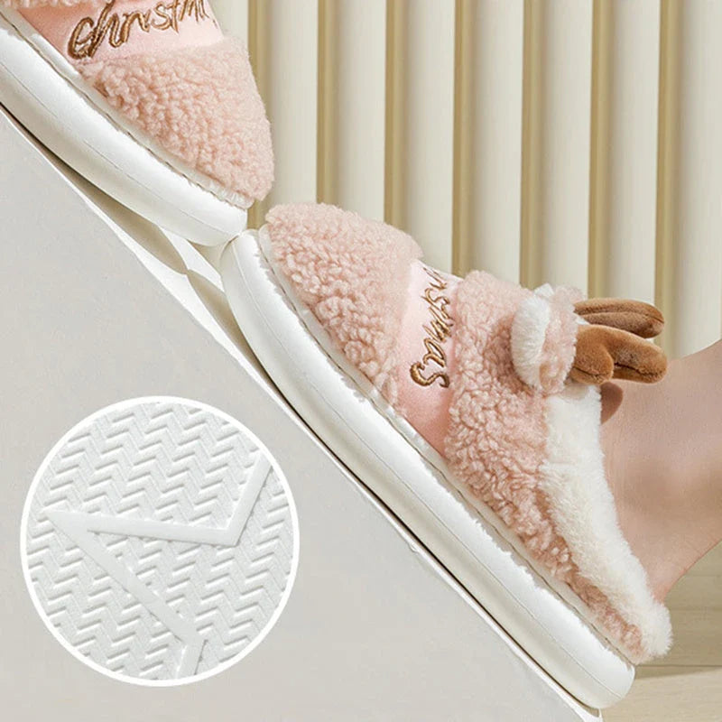 Cozy elk-themed slippers with plush suede uppers and supportive EVA soles in a variety of dreamy colors
