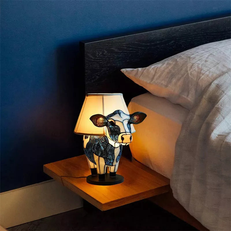 Vintage cow table lamp with USB power for cozy bedroom lighting