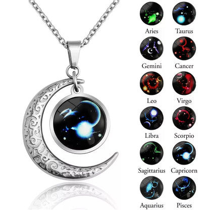 12 Constellation Glowing Necklace with luminous stone pendant and titanium steel chain