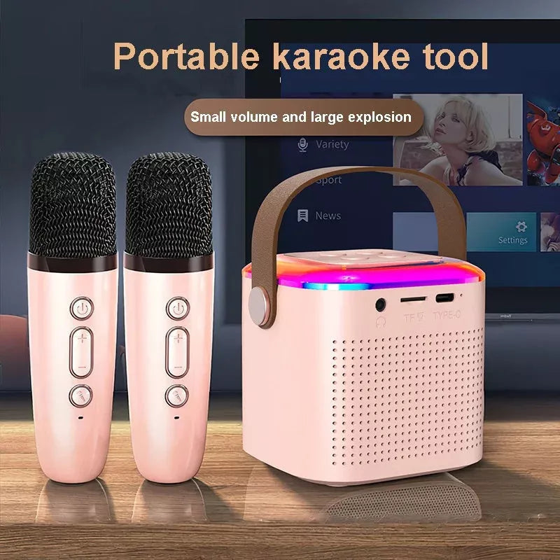 Bluetooth karaoke machine with two wireless microphones and RGB lighting