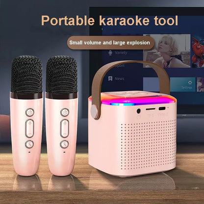 Bluetooth karaoke machine with two wireless microphones and RGB lighting