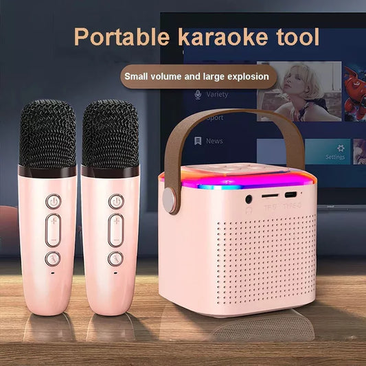 Bluetooth karaoke machine with two wireless microphones and RGB lighting