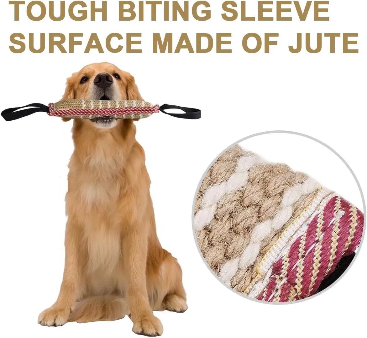 Beige jute dog tug toy with two handles for interactive training, measuring 30cm in length