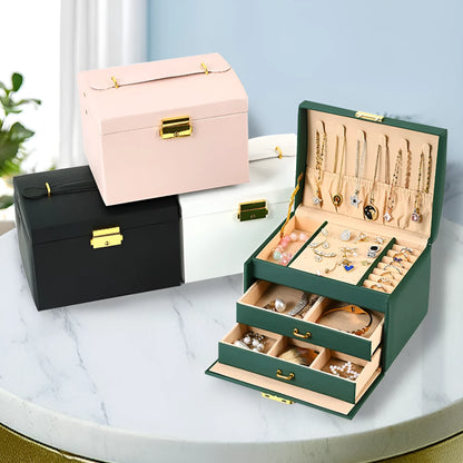 Portable dustproof jewellery box 18x14x13cm in white, pink, green, or black with density plate leather and flannel
