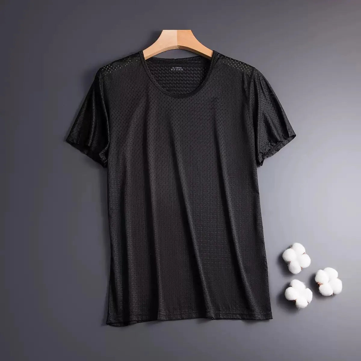 Men's loose fit ice silk short sleeve t-shirt in black, shown in a front view.