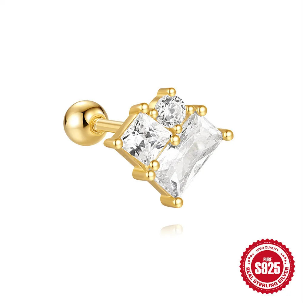 S925 sterling silver floral stud earrings with square gravel detail in a golden electroplated finish.