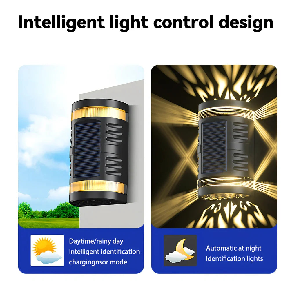 Solar-powered outdoor wall light with waterproof ABS housing measuring 90x60x151mm