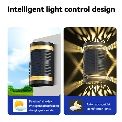 Solar-powered outdoor wall light with waterproof ABS housing measuring 90x60x151mm