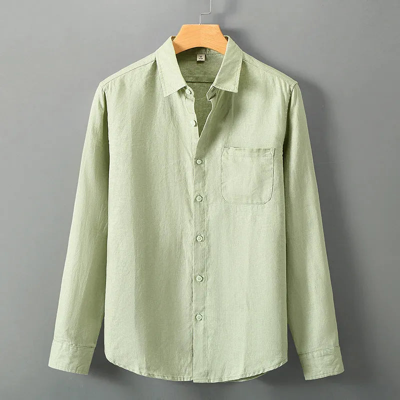 Long sleeve linen cardigan in a Chinese style, shown in a solid colour on a model.