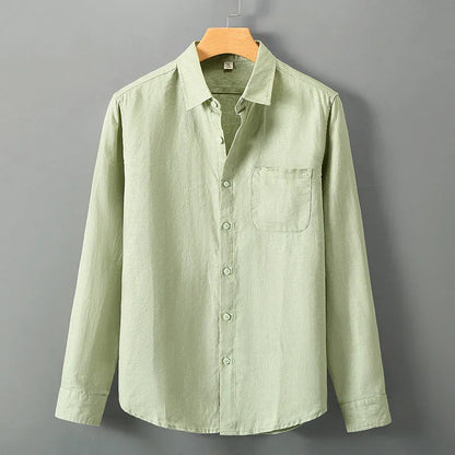 Long sleeve linen cardigan in a Chinese style, shown in a solid colour on a model.
