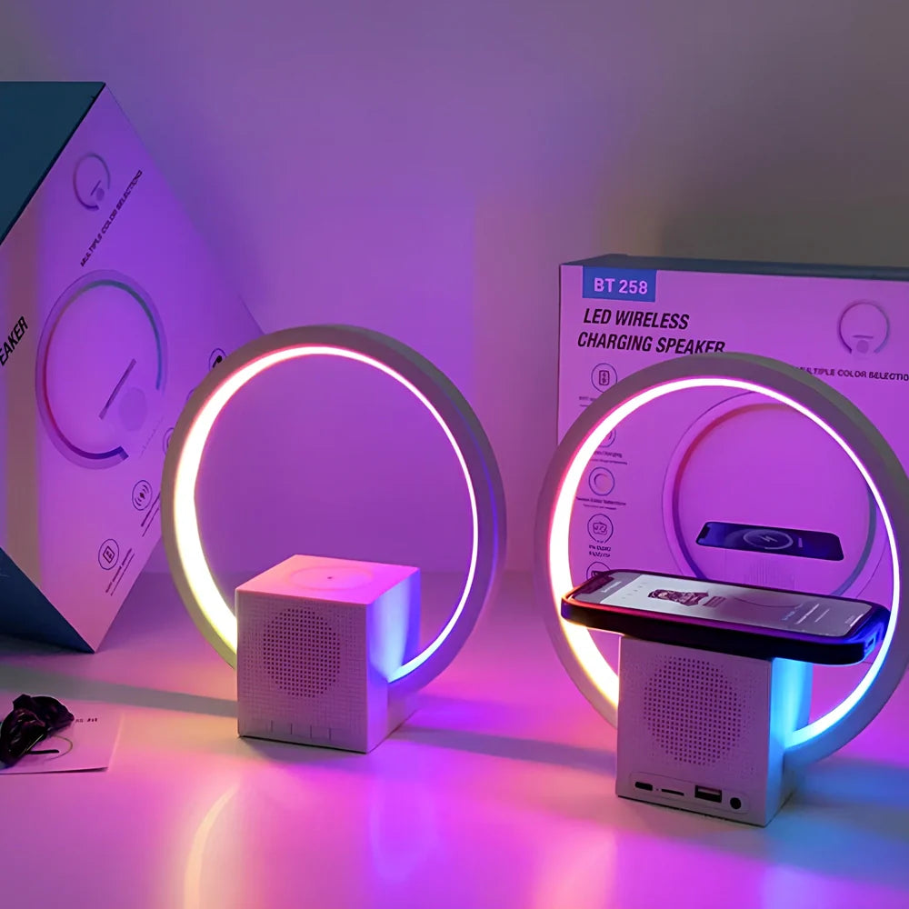 White Smart Ambience Light Bluetooth Speaker Wireless Charger unit showing wireless charging area, speaker components, and ambient lighting