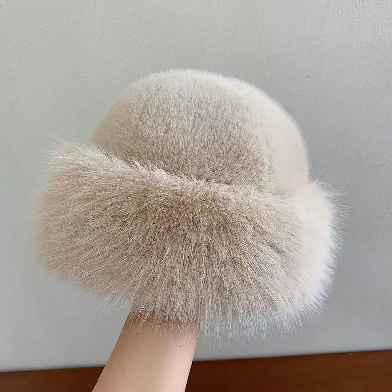 Plush Mongolian faux mink fur winter hat with dome top design in milky white colour