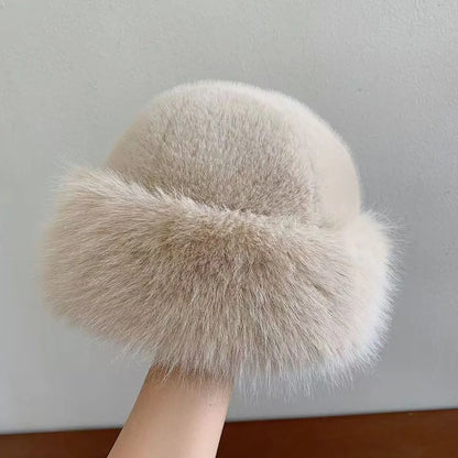 Plush Mongolian faux mink fur winter hat with dome top design in milky white colour