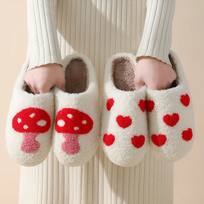 Women's plush home slippers in cartoon designs with a non-slip PVC sole.