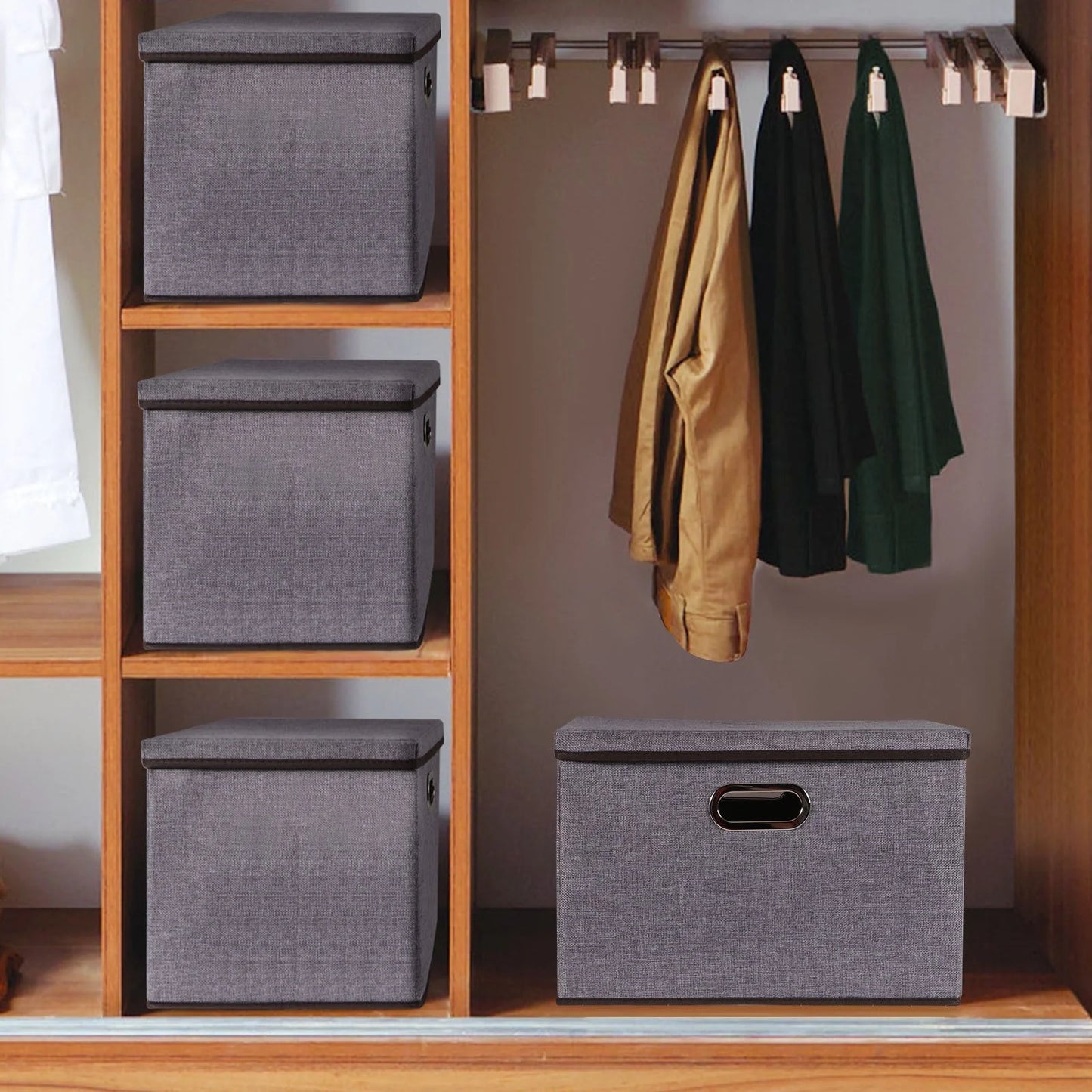 Cotton linen foldable storage box set in grey, perfect for home organization