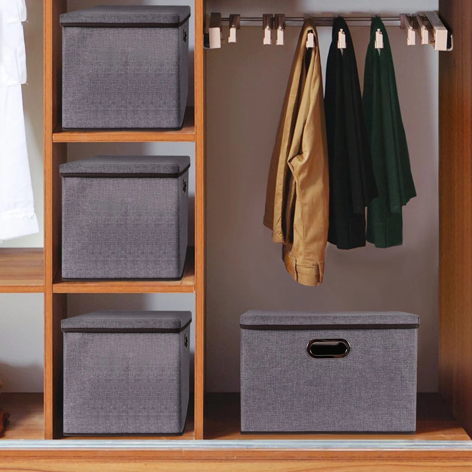 Cotton linen foldable storage box set in grey, perfect for home organization