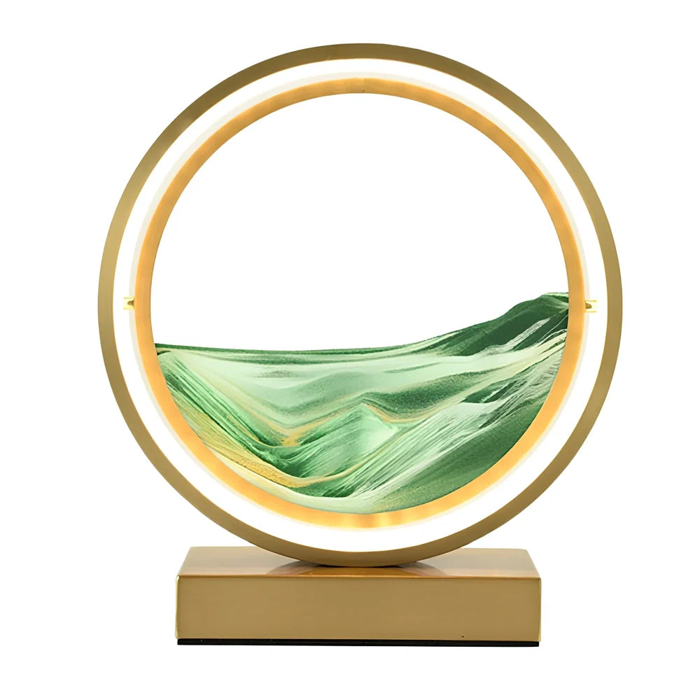 Black and white quicksand table lamp, 295mm tall with LED lights and remote control, coloured sand in glass chamber