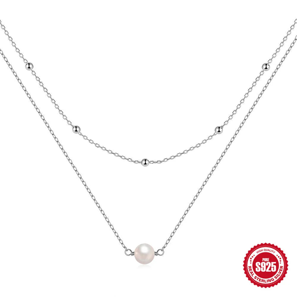 S925 sterling silver double layer necklace with twin pearls and geometric pendant in gold or white gold colour
