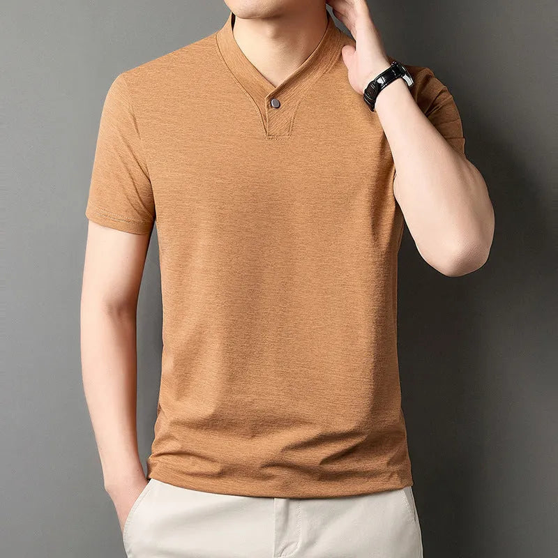 Men's short sleeve casual t-shirt with a zipper front detail, shown in one of the available colours.