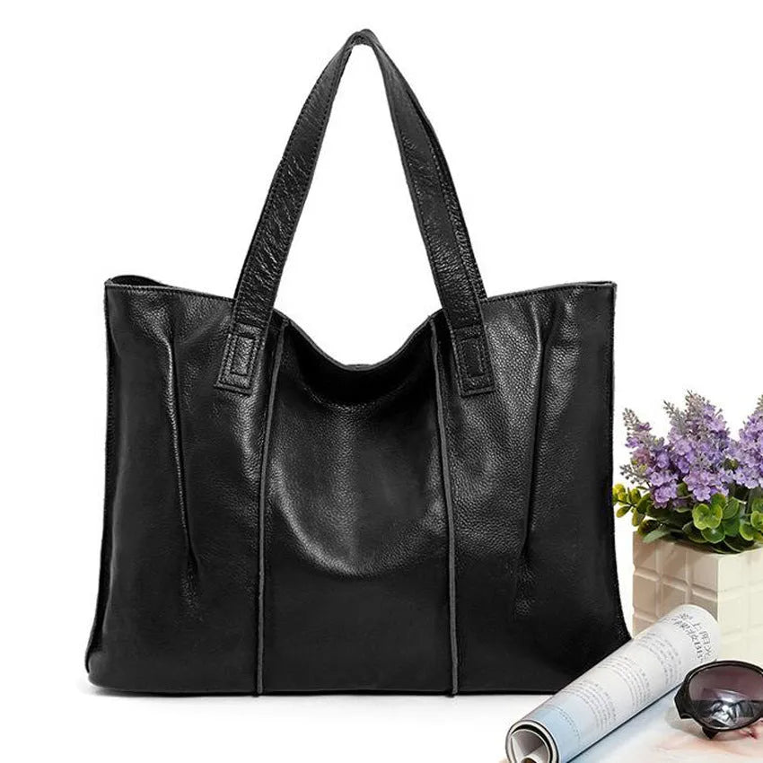 Top grain leather single shoulder tote bag in apricot with stitching and patchwork, soft genuine leather, women's daily wear bag.
