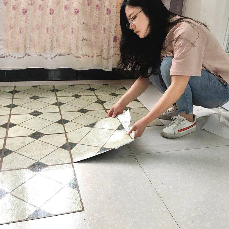 Self-adhesive vinyl flooring tile showing 30cm x 30cm dimensions with peel-and-stick backing visible