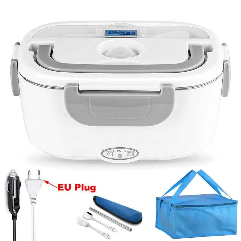 Grey dual-power electric heating lunch box showing 1.1-1.2 litre capacity with car and home plug options