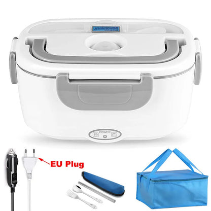 Grey dual-power electric heating lunch box showing 1.1-1.2 litre capacity with car and home plug options